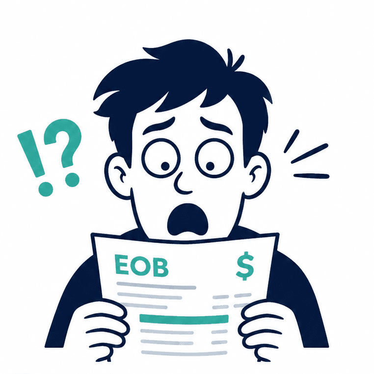 Oh My EOB! logo showing a surprised person reading an EOB.