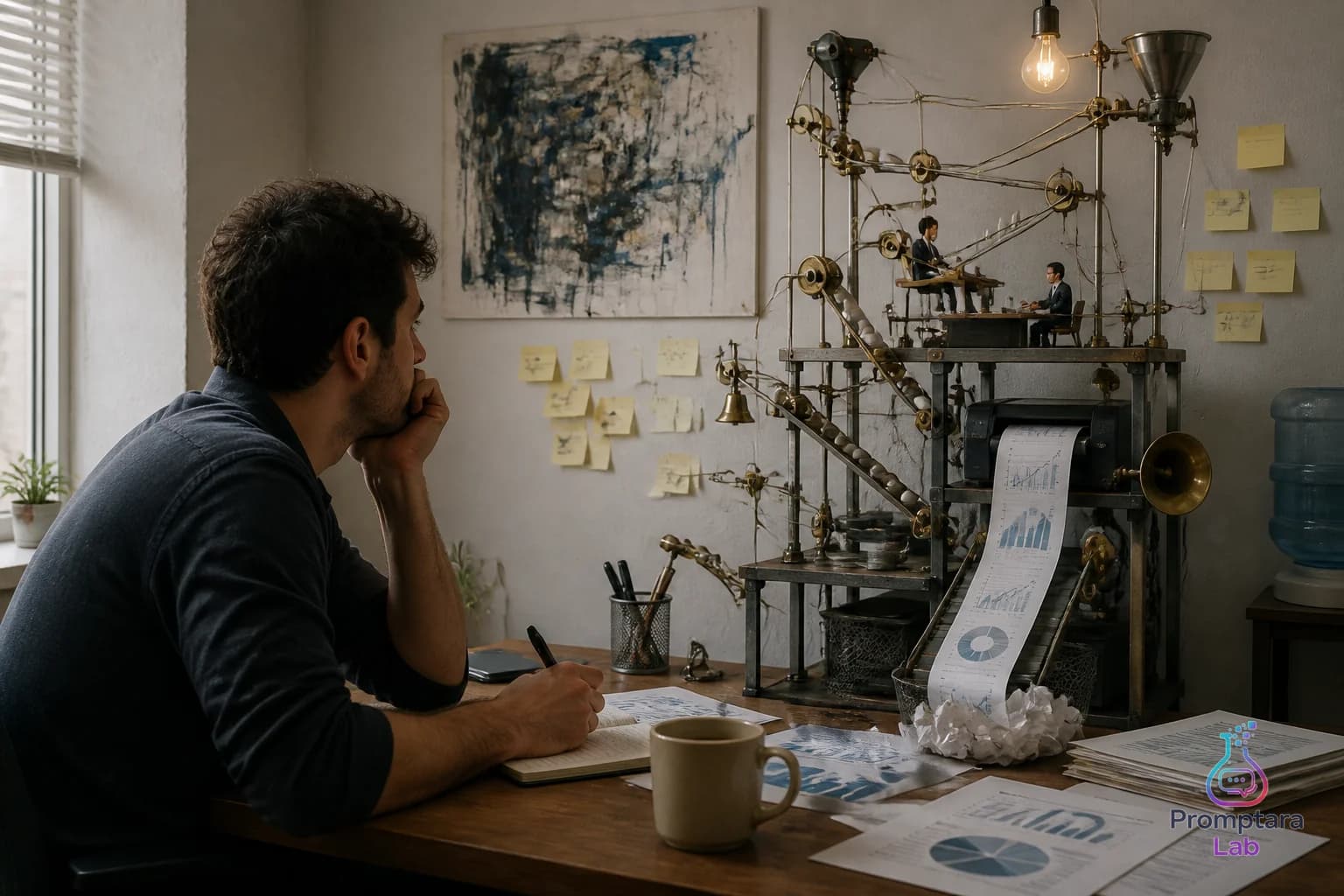 A quiet founder desk with a notebook, coffee mug, and simple operating notes in morning light