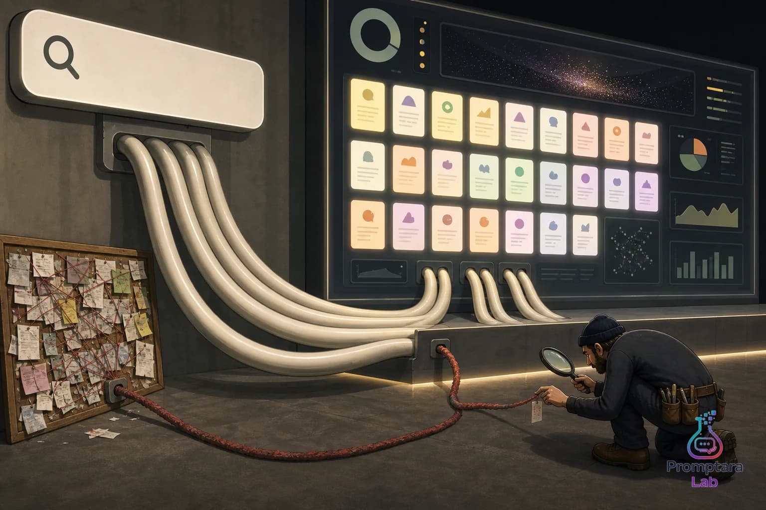 A builder inspecting a tiny source tag beside an oversized opportunity dashboard