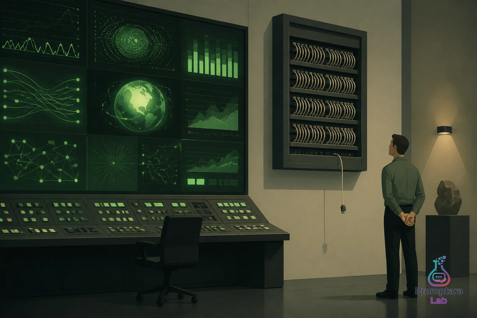 A polished dashboard glowing green while an unplugged configuration cable hangs loose in a quiet control room