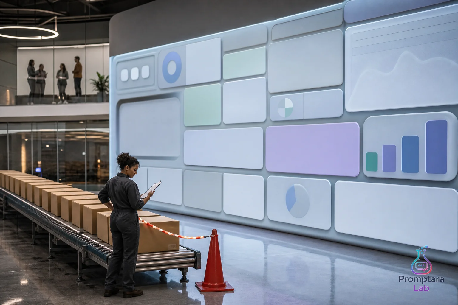 A tiny labeled checklist stopping a conveyor belt of identical unlabeled dashboard tiles