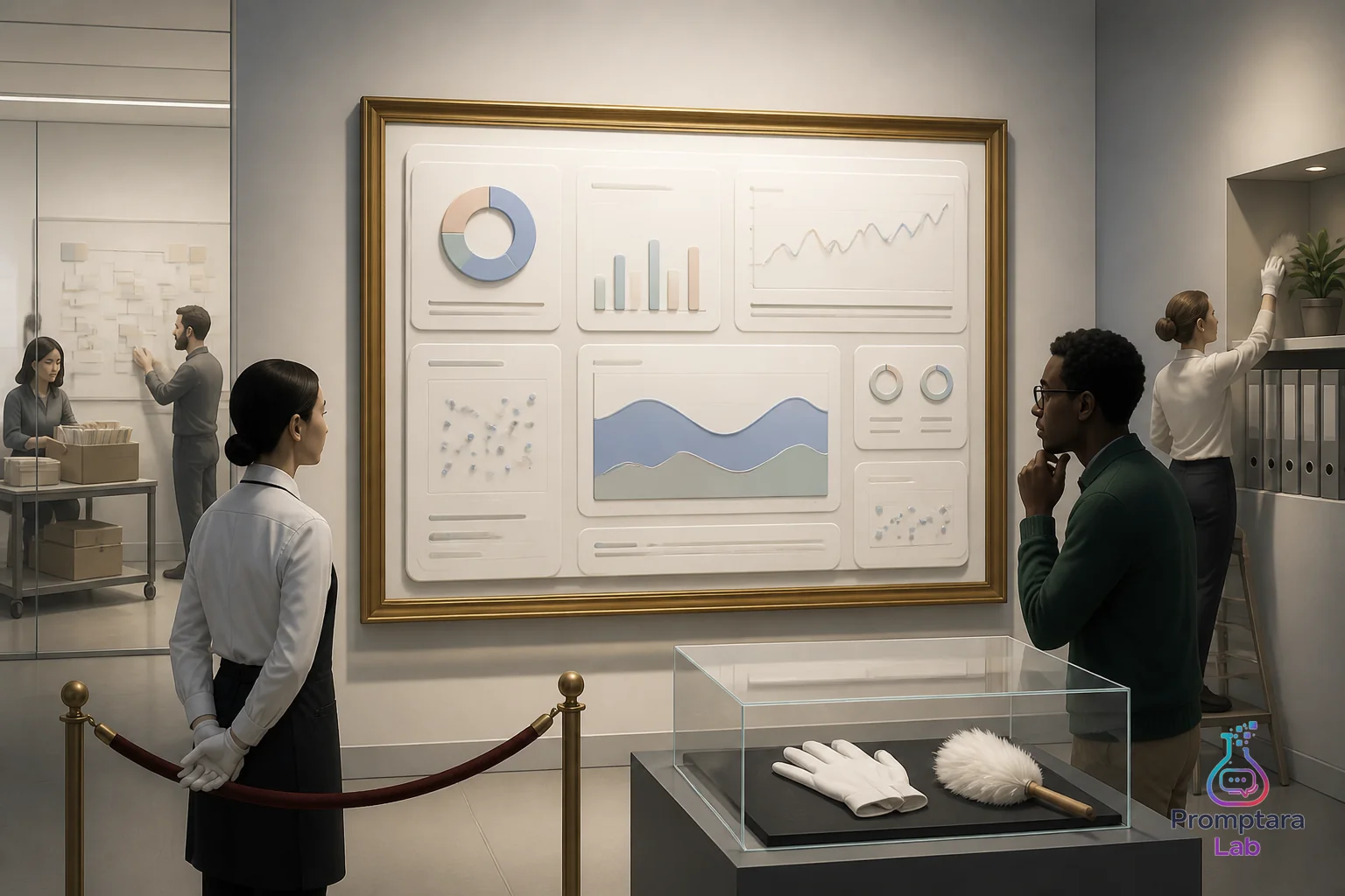 A polished dashboard on a museum pedestal with a tiny paper tag listing what the numbers are allowed to prove