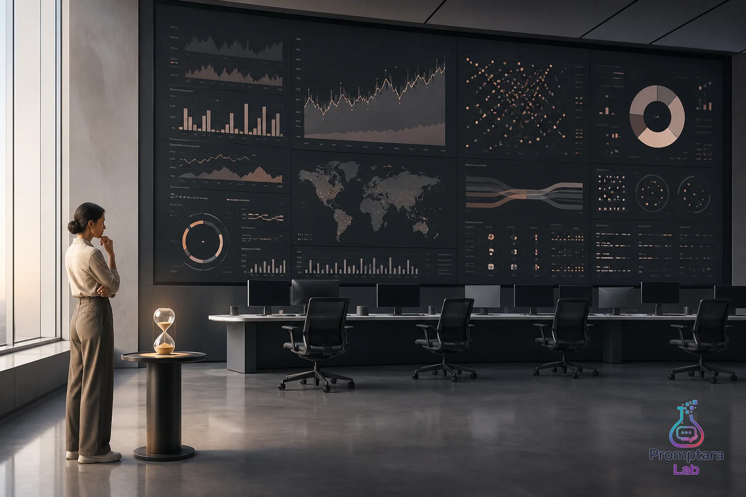 A polished control room ignoring a tiny hourglass on a side table