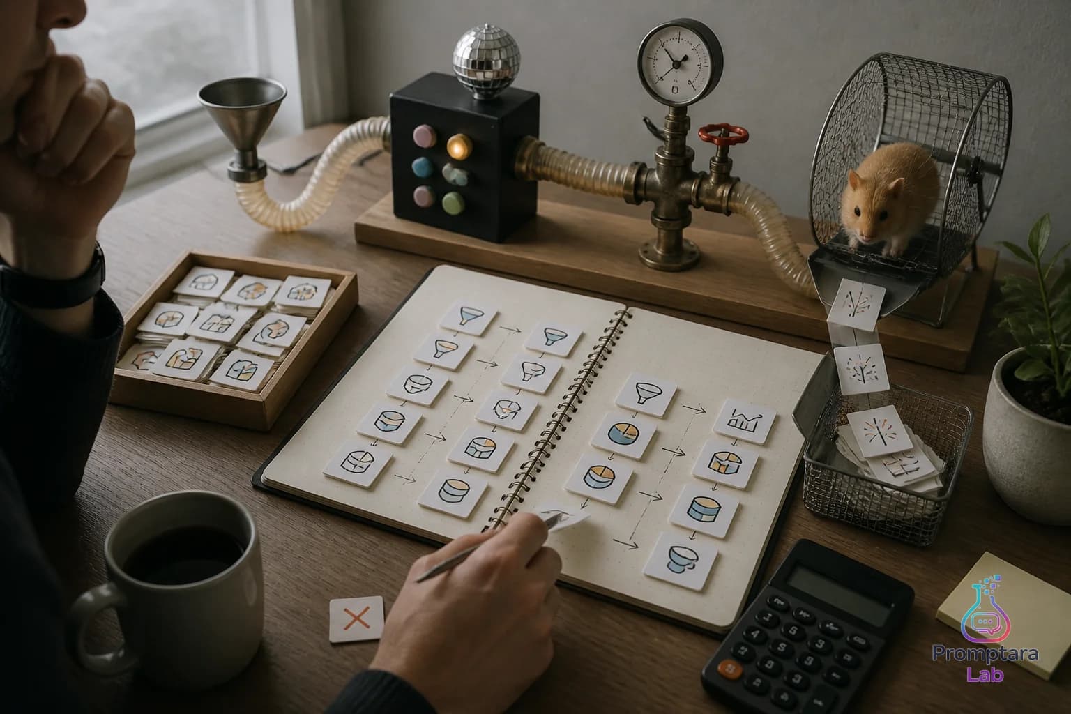 A small desk with a notebook, calculator, and a few sorted index cards showing an operator review session